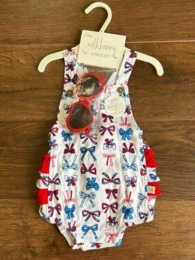 Milkberry Bamboo Bubble Romper Cross Straps Patriotic Bows with Sunglasses